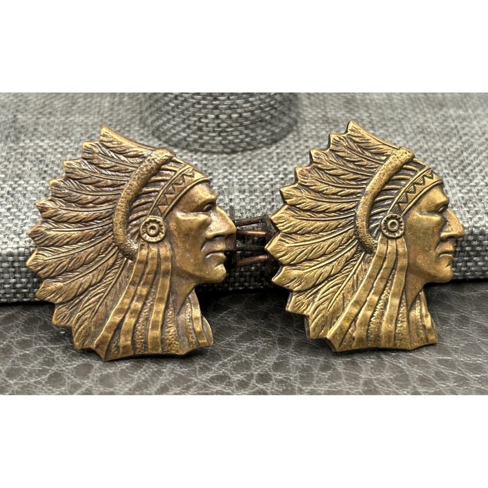 Vintage 2 Southwestern Style Indian Chief Headdress Barrette Brass / Gold Tone